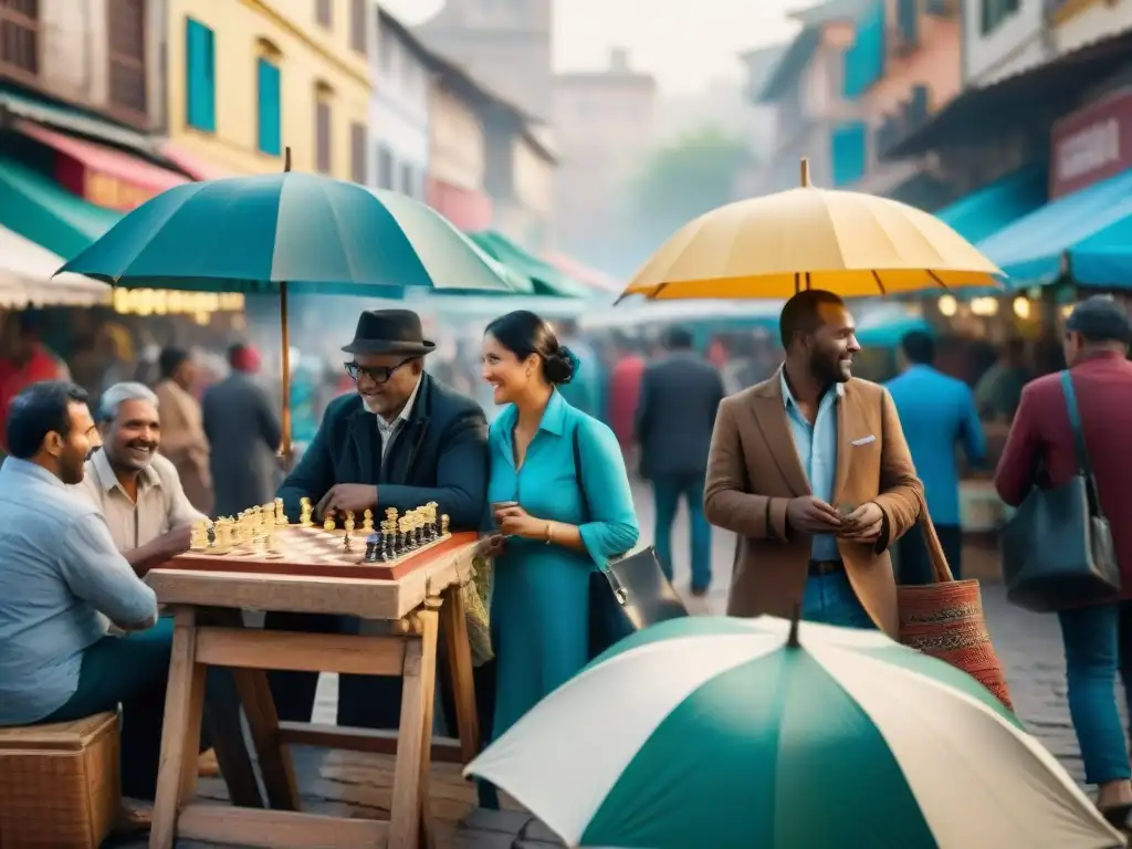 Un mercado emergente bullicioso con juegos tradicionales bajo sombrillas coloridas