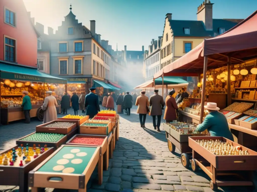 Un mercado de juguetes antiguos lleno de vida en una plaza histórica, mostrando la compraventa de juegos y juguetes clásicos