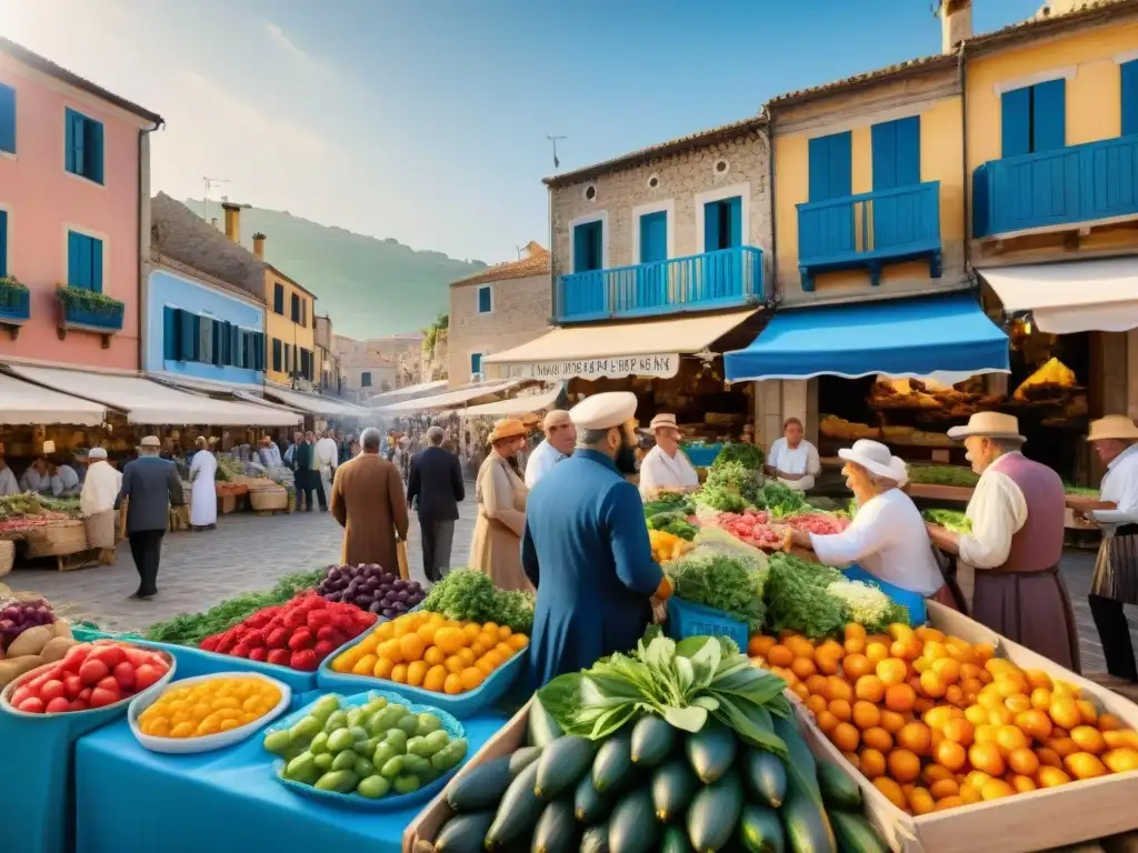 Un mercado mediterráneo animado con una partida de Brisca, rodeado de puestos de productos frescos y coloridas artesanías