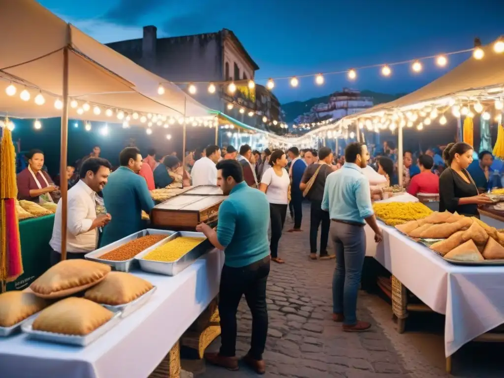 Un mercado nocturno vibrante y bullicioso en una histórica ciudad latinoamericana, iluminado por luces de colores