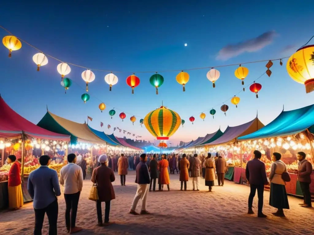 Un mercado nocturno vibrante con juegos tradicionales y luces coloridas bajo un cielo estrellado y luna llena