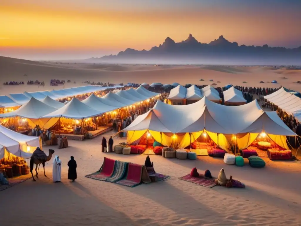 Un mercado nómada bullicioso en Oriente Medio con juegos tradicionales y coloridas telas bajo el sol del desierto