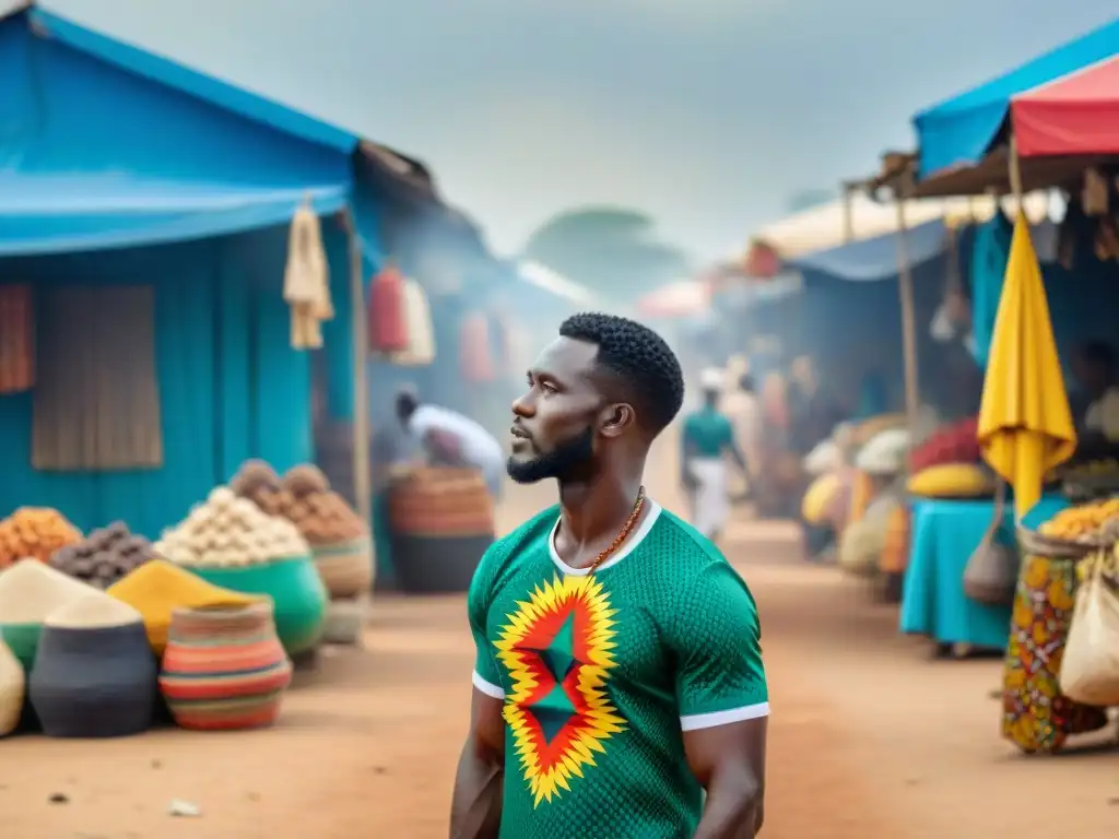 Un mercado vibrante y bullicioso en Accra, Ghana, lleno de artesanías y comidas tradicionales africanas, música animada y arte callejero colorido