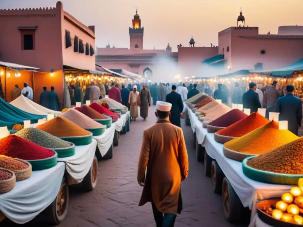 Un mercado vibrante en Marrakech con colores, especias y artesanías bajo el sol, evocando juegos de culturas lejanas evolución