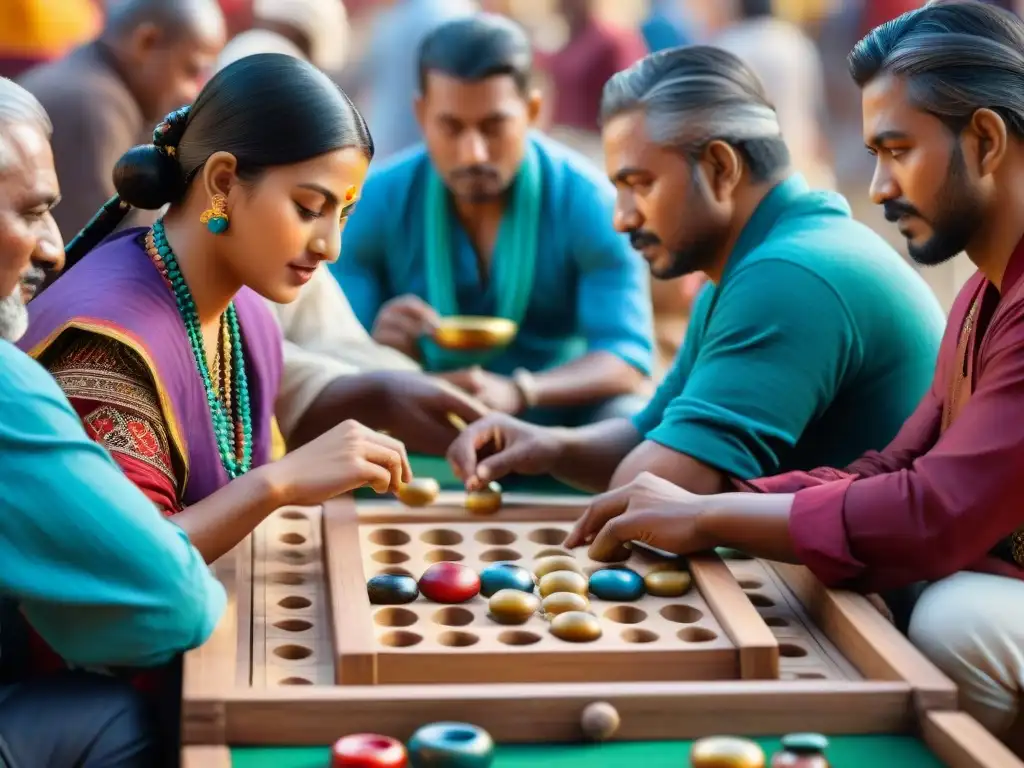 Partida de Mancala: Diversidad cultural y competencia en mercado vibrante En un mercado vibrante, un grupo diverso juega Mancala, reflejando la autenticidad del intercambio cultural