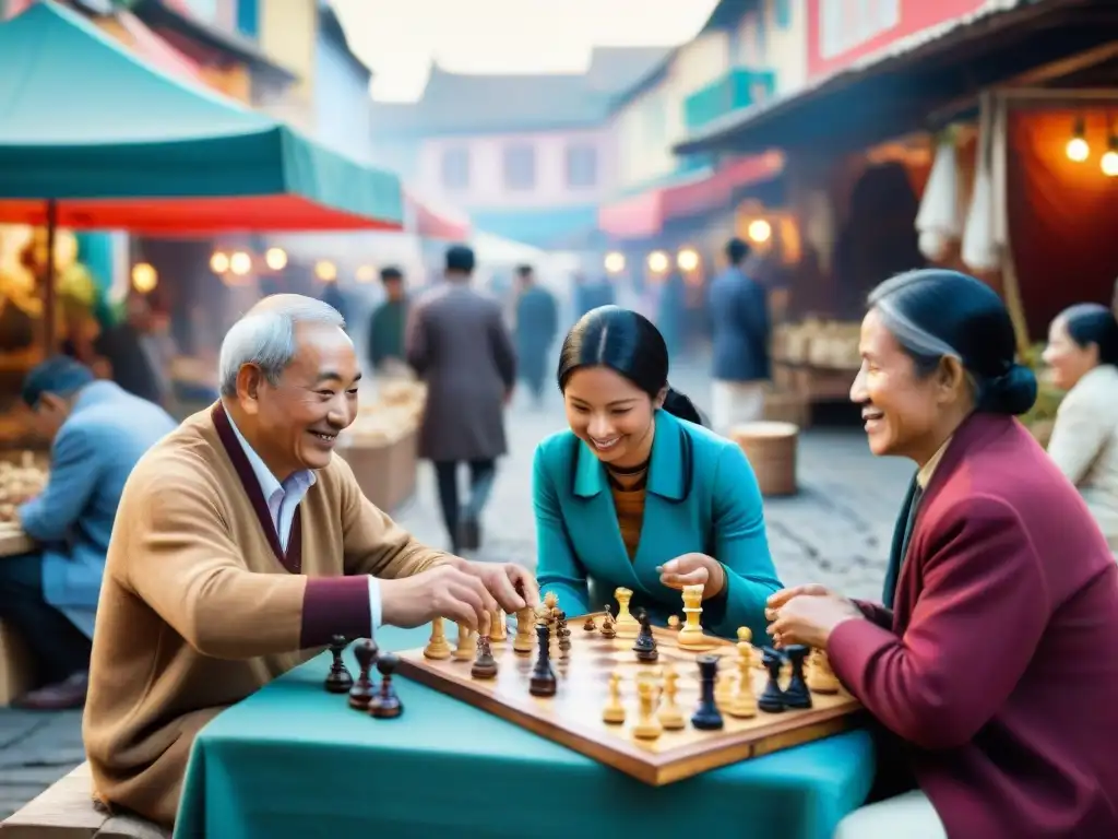 Un mercado vibrante con personas jugando pasatiempos en diferentes culturas