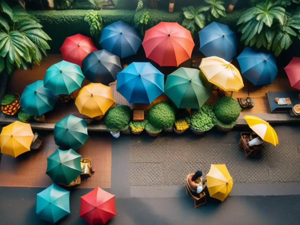 Un mercado vibrante en Brasil con Samba y juegos de cartas, rodeado de naturaleza y arquitectura tradicional