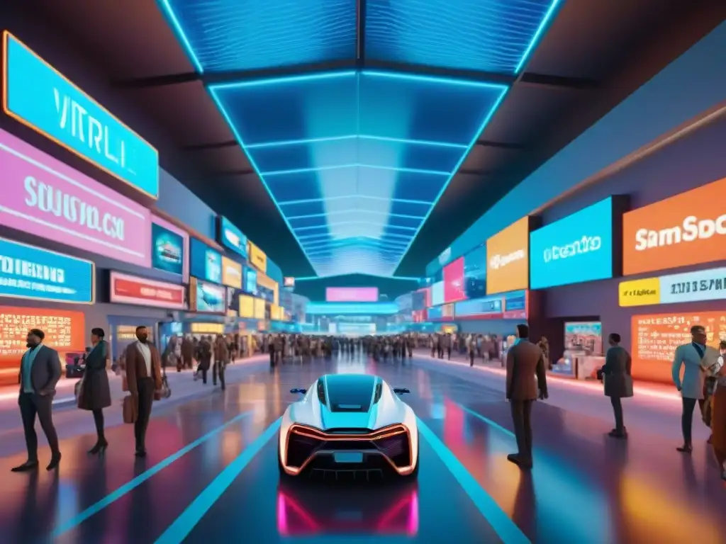 Mercado virtual bullicioso en metrópolis futurista, avatares comercian bajo letreros de neón