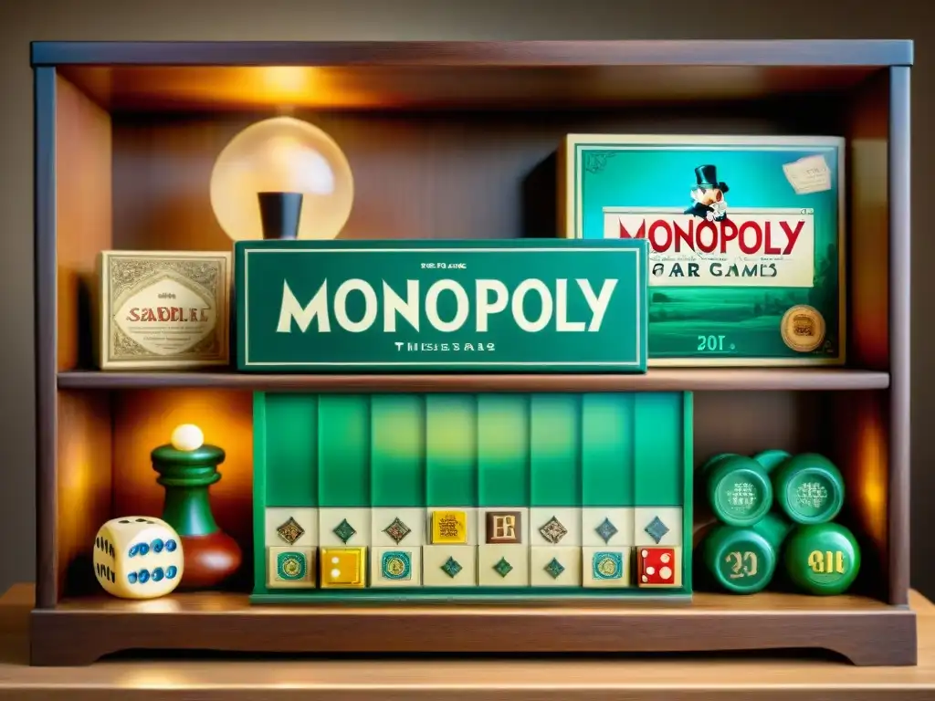 Colección de juegos de mesa antiguos en estantería de madera, con Monopoly, Scrabble y ajedrez vintage desgastados, iluminados cálidamente