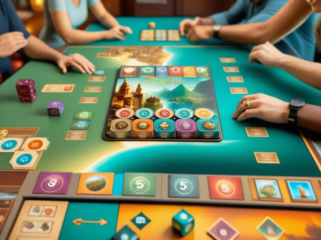 Una mesa llena de diversidad: gente concentrada y emocionada jugando 7 Wonders