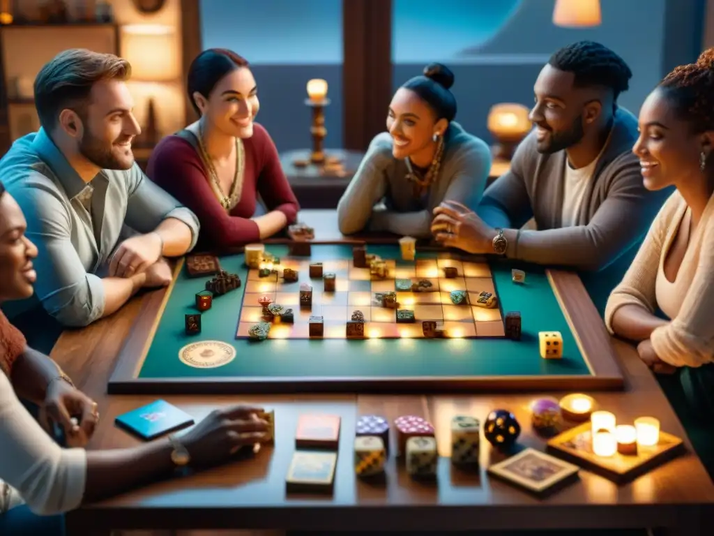 Una mesa llena de juegos de mesa menos conocidos, amigos disfrutando de una noche emocionante y estratégica juntos