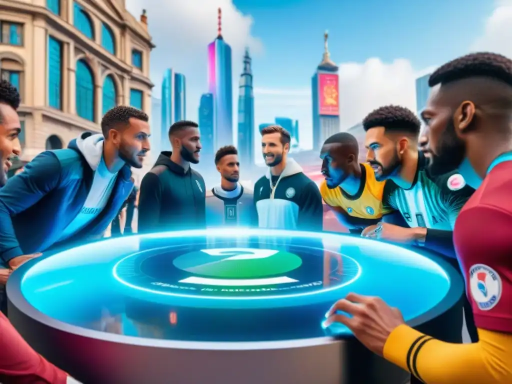 Una mezcla de culturas y edades disfrutan de un juego de fútbol virtual en una plaza futurista