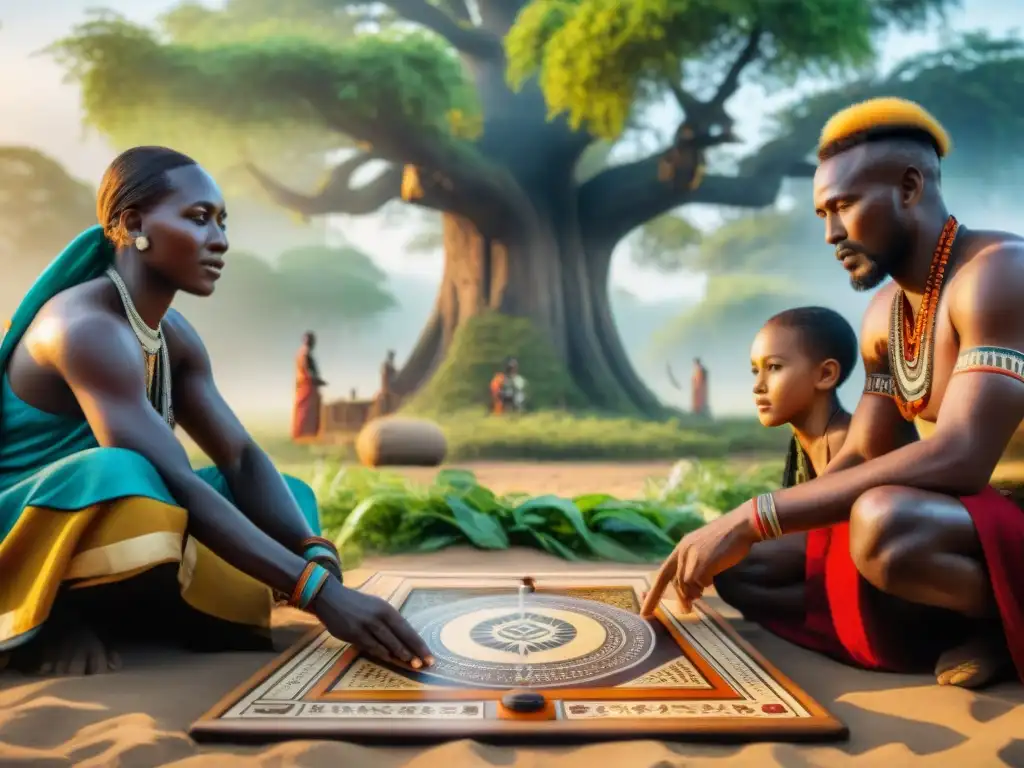 Miembros tribus africanas juegan bajo árbol, mostrando importancia juegos tradicionales tribus africanas