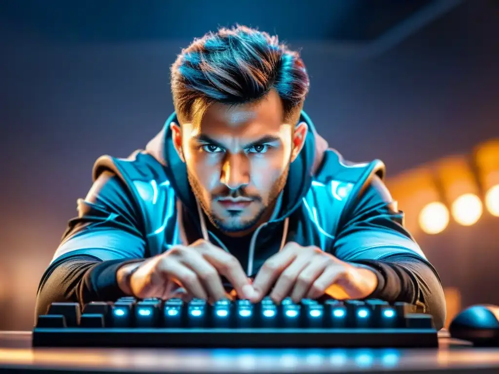 Mirada concentrada de jugador eSports, manos rápidas en teclado, estrategias eSports para alcanzar victoria