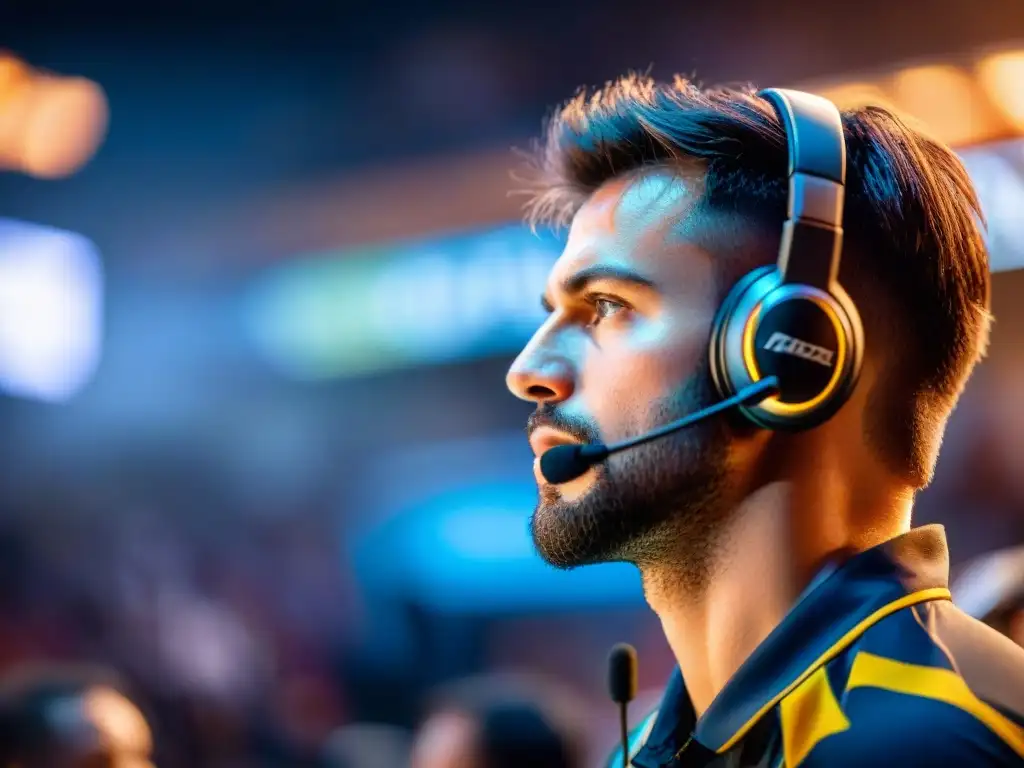 La mirada intensa de un jugador de eSports durante un campeonato, rodeado de una multitud difuminada