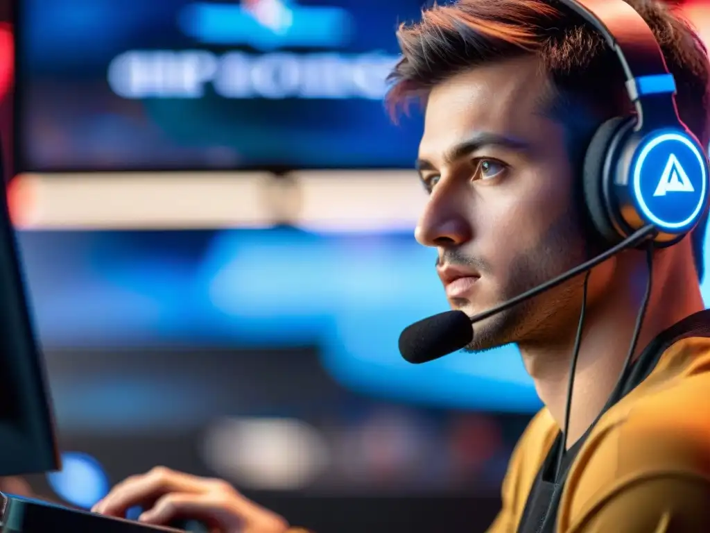 Mirada intensa de jugador de eSports, reflejando estrategia de juego