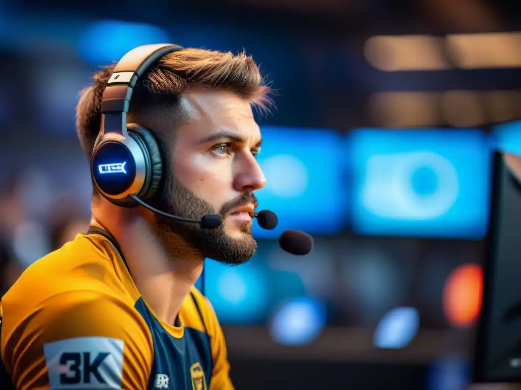 La mirada intensa de un jugador profesional de eSports concentrado en una partida, mostrando jugadas maestras en eSports