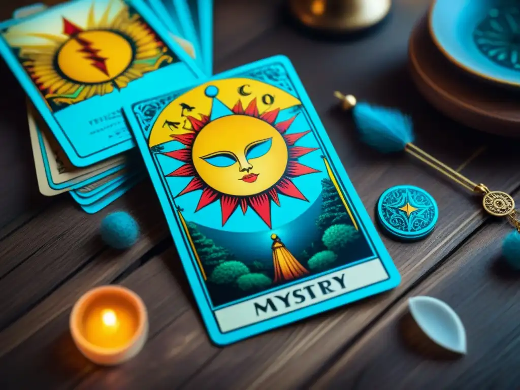 Una misteriosa historia de cartas de Tarot entretenimiento, con vibrantes ilustraciones en un antiguo tablero de madera