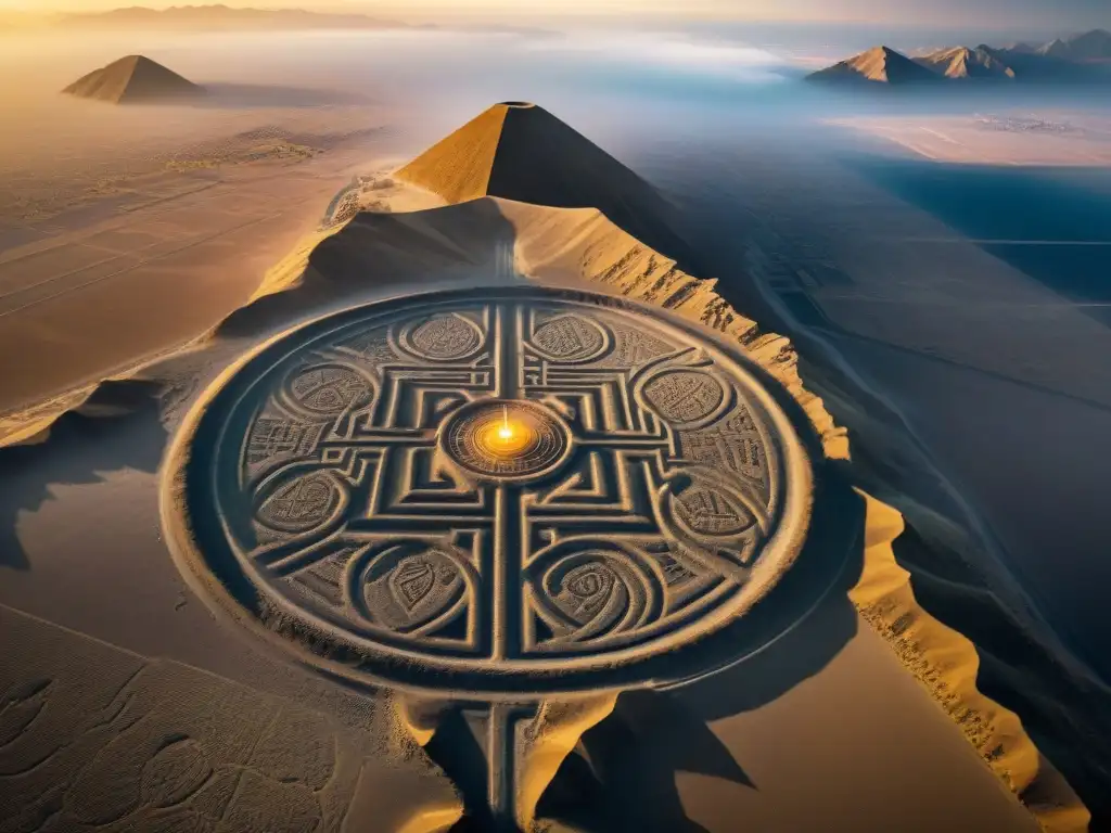 Misteriosa Geometría sagrada en juegos ancestrales de Nazca, Perú, iluminada por el sol