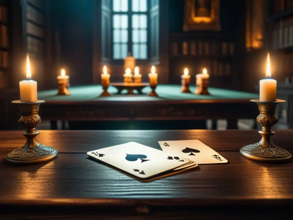 Un misterioso y bello escenario de juegos de cartas y narrativa gótica en una habitación tenue iluminada por velas
