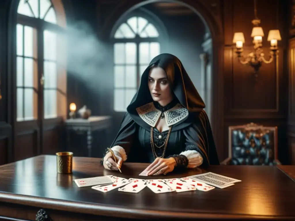 Un misterioso cuarto gótico con juegos de cartas y narrativa gótica