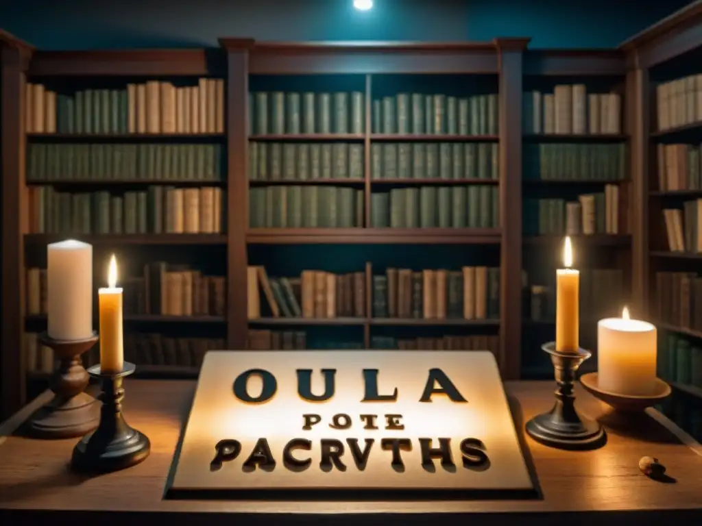 Un misterioso cuarto con una tabla Ouija vintage sobre una mesa polvorienta, velas titilantes y sombras en las paredes