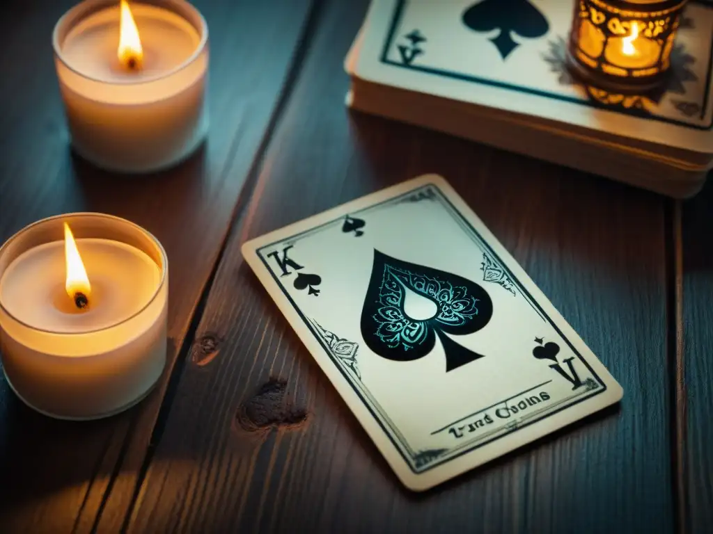 Un misterioso y hermoso close-up de cartas del tarot en una mesa de madera iluminadas por una vela, evocando juegos de cartas y narrativa gótica