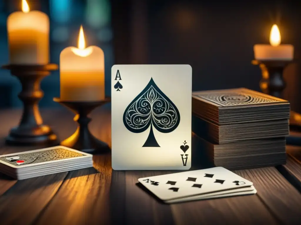 Un misterioso juego de cartas gótico con diseño detallado y sombrío, sobre mesa de madera iluminada por velas