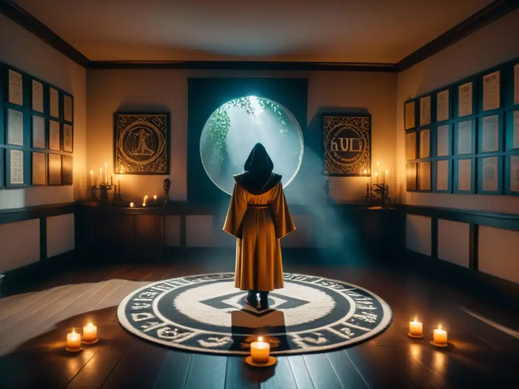 Un misterioso ritual en una habitación iluminada por tenues velas, con símbolos y tarot