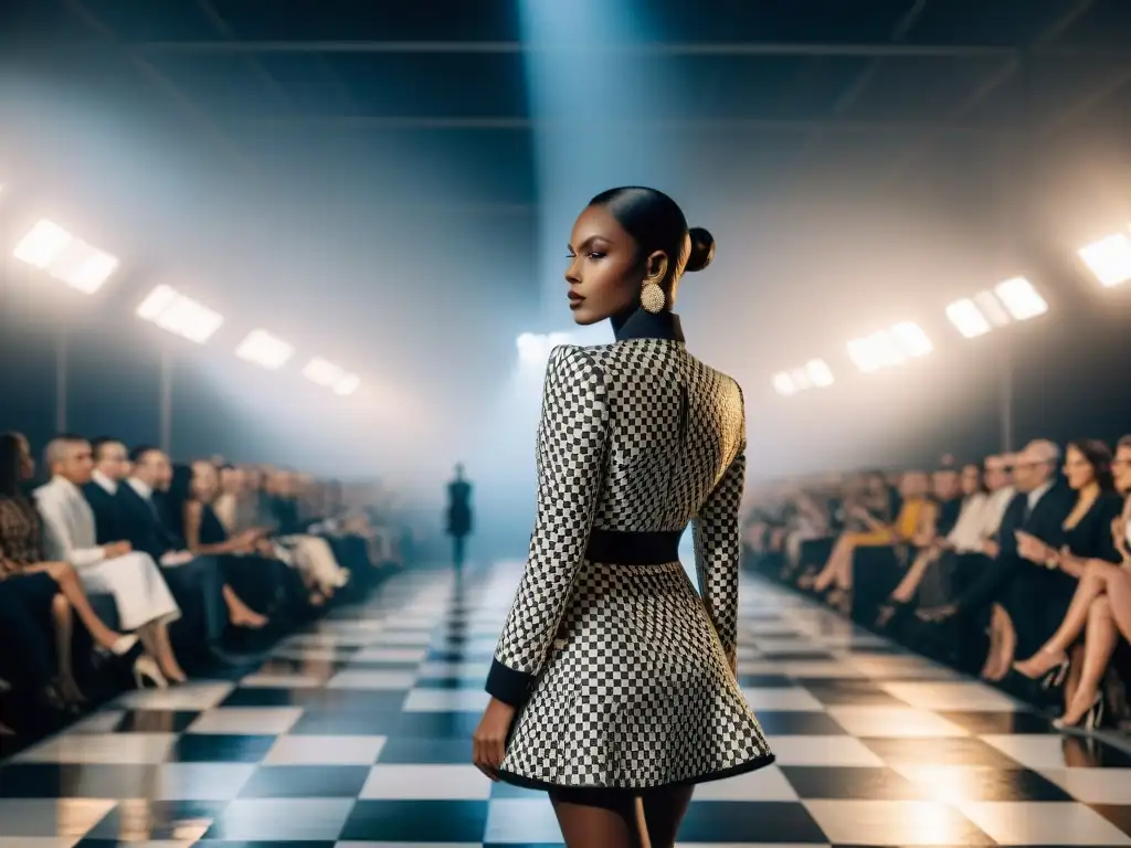 Desfile de moda ajedrez: Elegancia y lujo en pasarela Una modelo desfila con elegancia en un atuendo inspirado en ajedrez, fusionando moda y ajedrez
