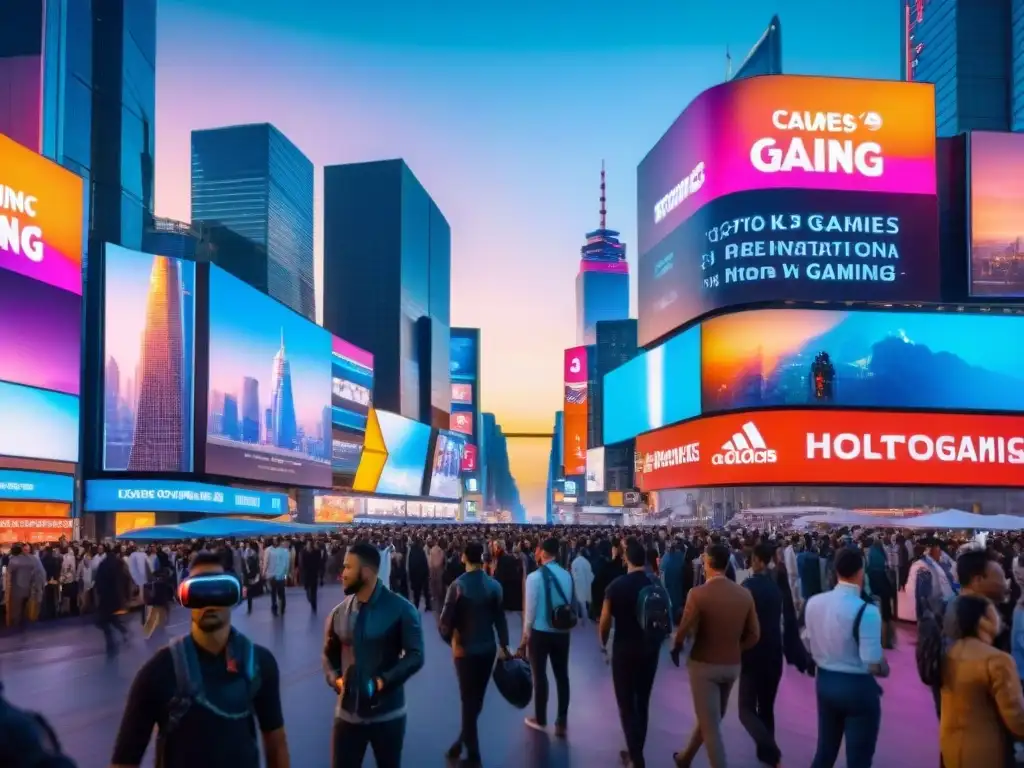 Modelo de negocio de juegos online rentable: Ciudad futurista con hologramas y jugadores inmersos en realidad virtual al anochecer