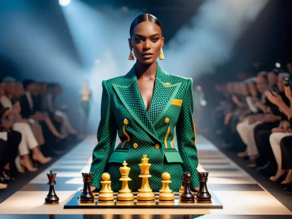 Desfile de moda: Elegancia ajedrecística en la pasarela Una modelo deslumbra en la pasarela con un atuendo inspirado en el ajedrez