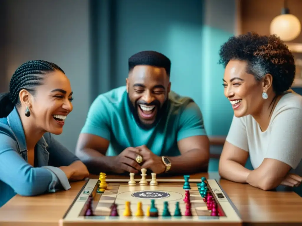 Un momento de alegría y camaradería entre personas diversas jugando un juego de mesa, resaltando la inclusividad