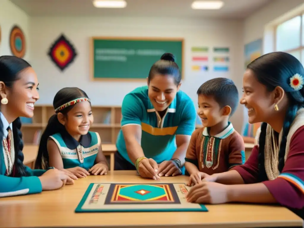 Un momento de sabiduría ancestral y juegos indígenas en un aula colorida, niños felices aprenden con un líder sonriente