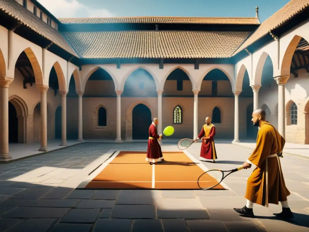 Un monasterio medieval con monjes jugando tenis antiguo, reflejando la historia y evolución de los deportes y culturas