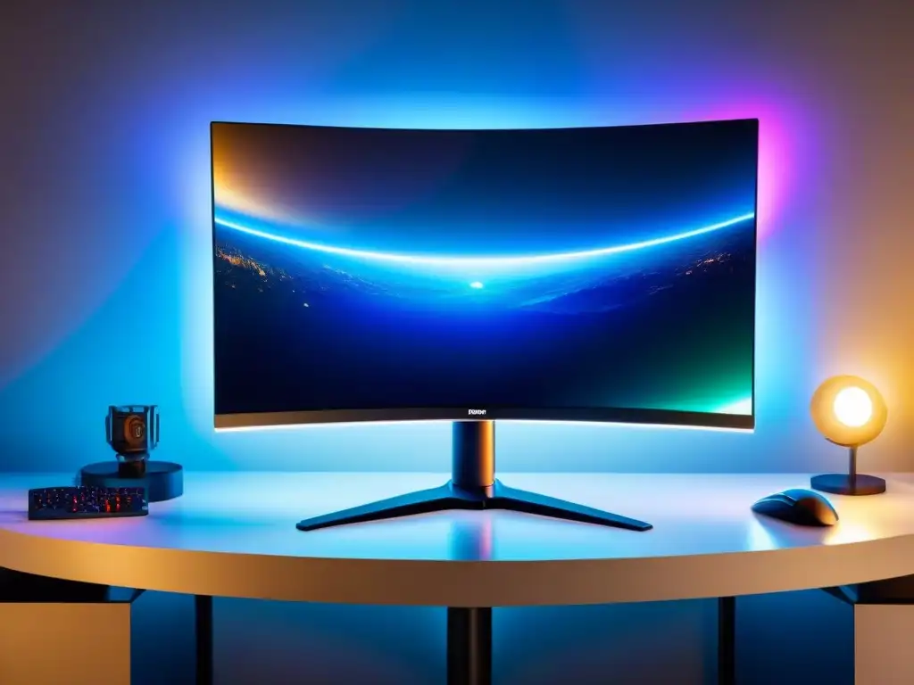 Un monitor gaming futurista con pantalla curva, gráficos inmersivos y diseño elegante