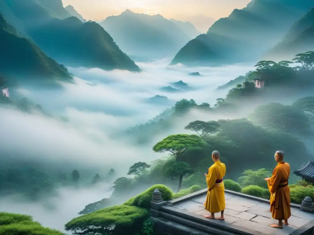 Monjes practican Tai Chi al amanecer en un templo asiático rodeado de naturaleza exuberante