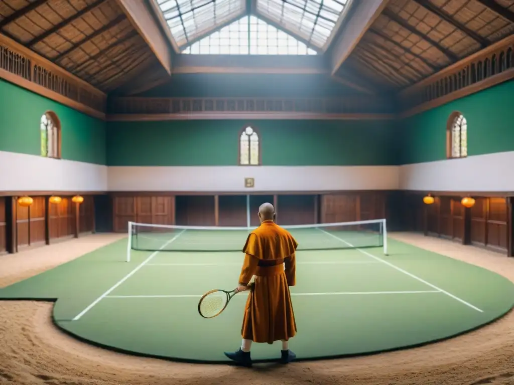 Monjes jugando tenis en antiguos monasterios, con raquetas de madera y atuendo tradicional