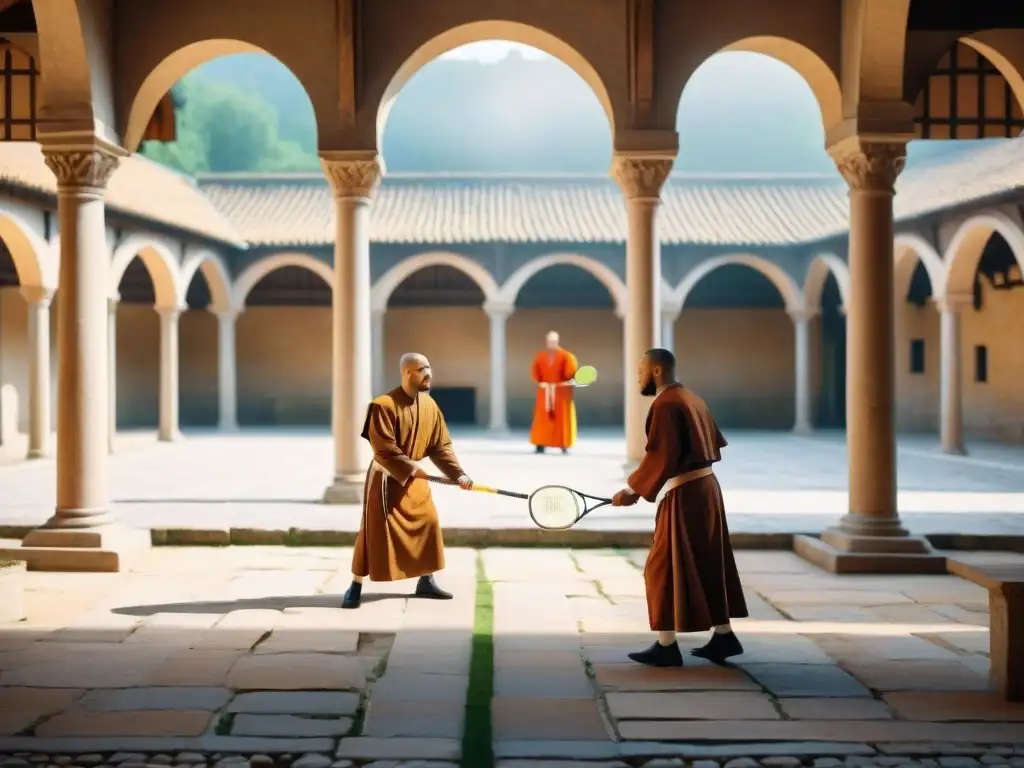 Monjes juegan al tenis medieval en un claustro, reflejando la historia y evolución de los deportes y culturas