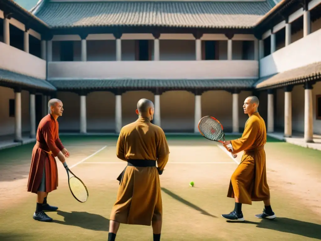 Monjes en túnicas juegan tenis primitivo con raquetas de madera en un patio antiguo