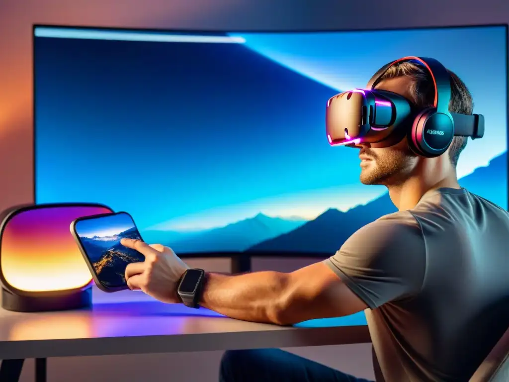 Montaje futurista de auriculares y controlador VR con luces LED, diseño elegante y sensores avanzados en mesa gaming, en paisaje virtual