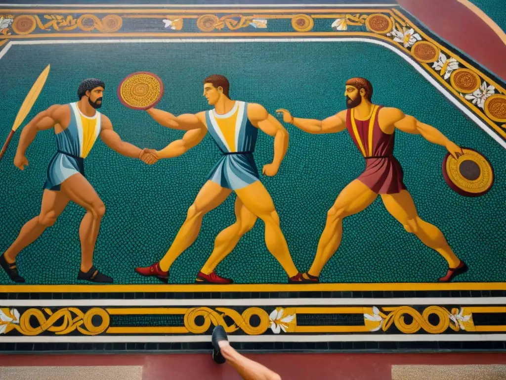 Mosaico antiguo de atletas olímpicos compitiendo en discos, jabalinas y lucha, integrando deportes olímpicos antiguos en educación moderna