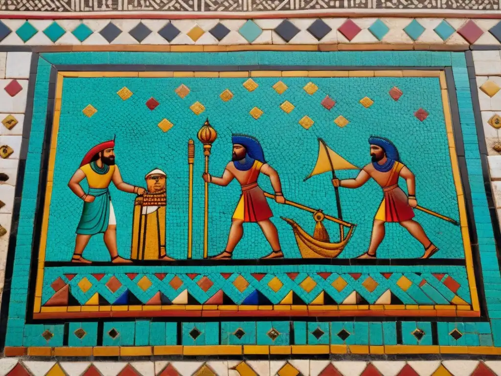 Un mosaico antiguo de Mesopotamia muestra mercaderes jugando dados en un bullicioso mercado de Oriente, con colores vibrantes y patrones intricados