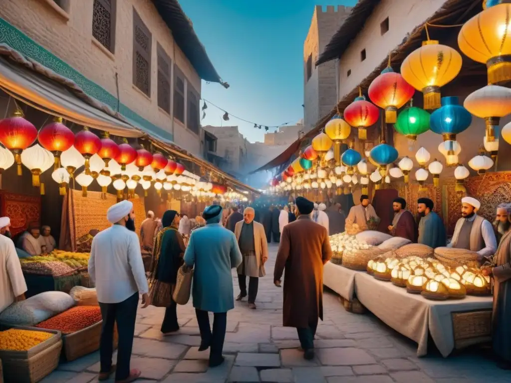 Un mosaico colorido de un bullicioso mercado en una antigua ciudad del Medio Oriente, con juegos de adivinanzas en Oriente