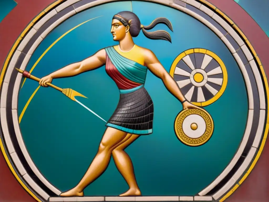 Mosaico detallado de atletas femeninas en deportes olímpicos de la antigua Grecia, destacando su papel en deportes