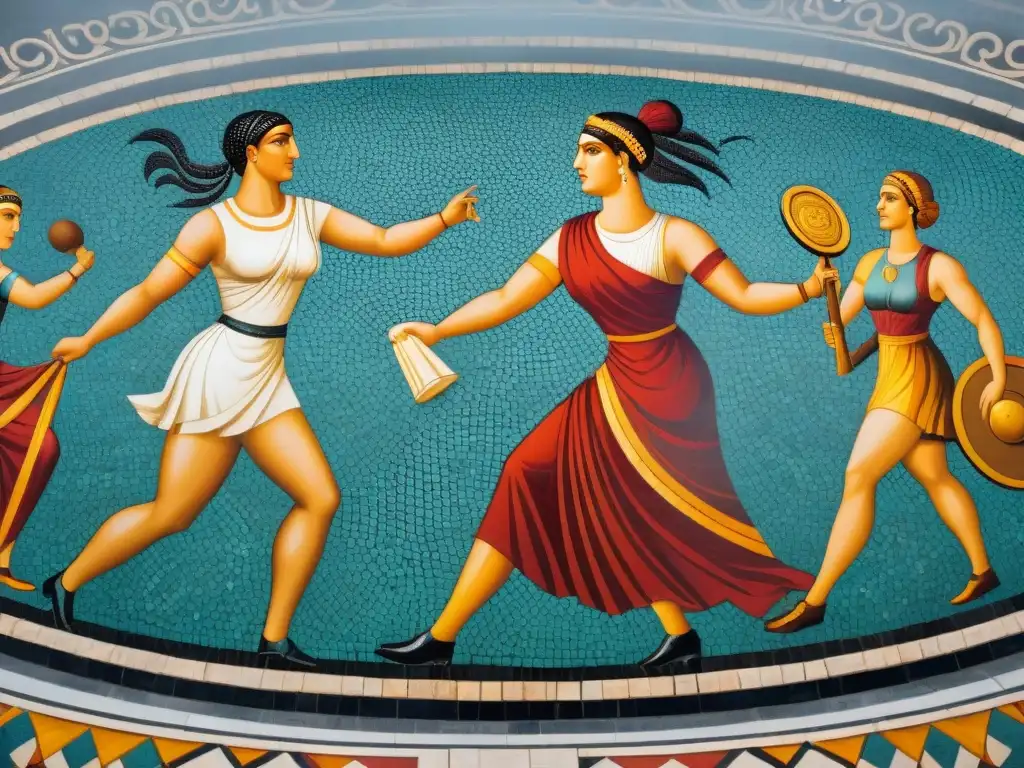 Mosaico detallado de atletas femeninas en competencias deportivas en un estadio antiguo, destacando el papel de la mujer en deportes