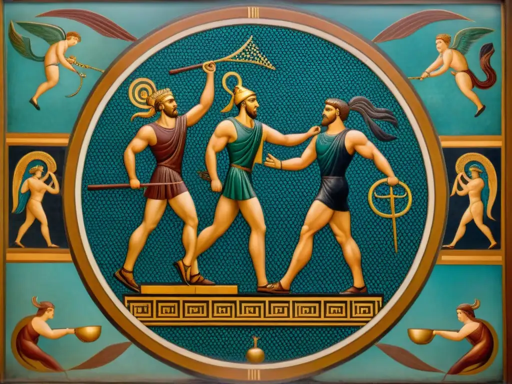 Mosaico detallado de atletas griegos compitiendo en eventos olímpicos, rodeados de figuras mitológicas, representando la conexión entre mitología y deporte en la antigua Grecia