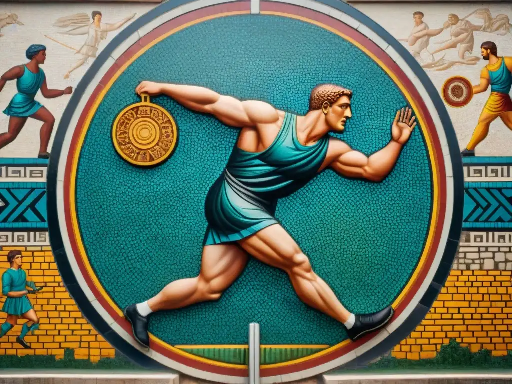 Mosaico detallado de atletas olímpicos antiguos en acción, con colores vibrantes y escenas de deportes como lanzamiento de disco, carrera y lucha