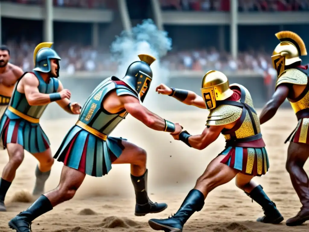 Mosaico detallado de gladiadores romanos en combate, reflejando la historia de juegos antiguos y habilidades de supervivencia