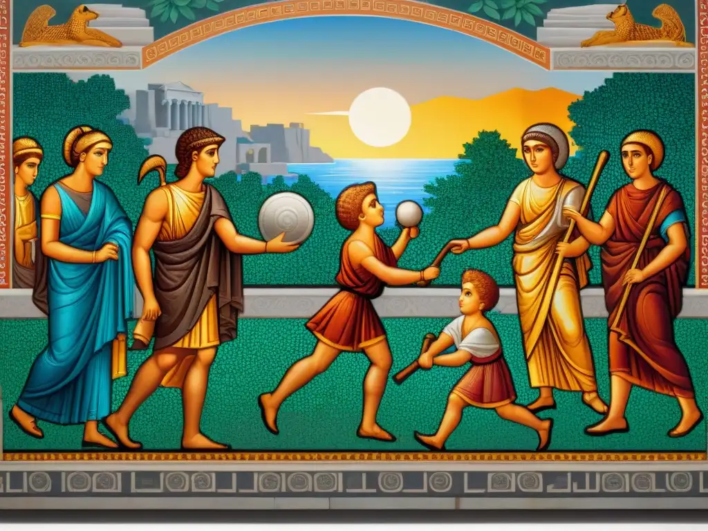 Juegos tradicionales en la antigua Grecia: niños en la ágora Un mosaico detallado de niños griegos antiguos jugando en una animada ágora al atardecer